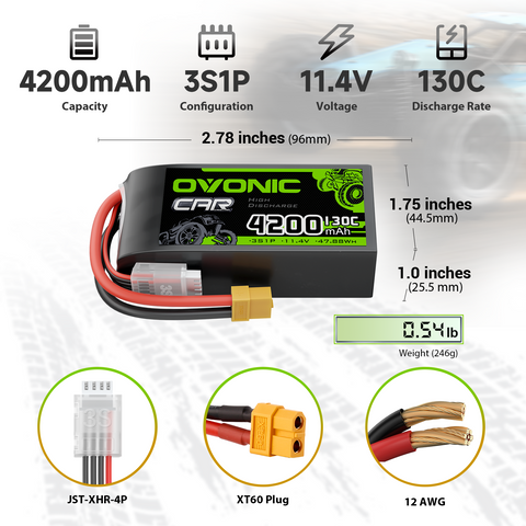 2 Pack OVONIC 3S 11.1V 4200mAh 130C LiPo Battery with XT60 Plug