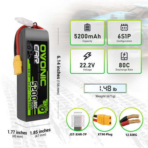 OVONIC 6S LiPo Battery 5200mAh 6S1P 80C 22.2V Battery with XT90 Plug for RC Car Truck Boat Hobby