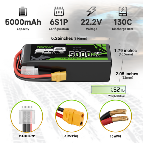 2 × Ovonic 5000mah 6S 22.2V 130C Lipo Battery Pack with XT90 Plug for 1/8 & 1/10 RC Cars, Trucks, Planes