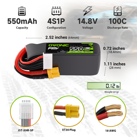 OVONIC 14.8V 100C 550mAh 4S LiPo Battery with XT30 Plug for FPV Ceniwhoops