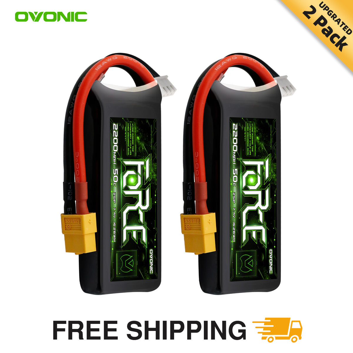 Ovonic Force 2S 2200mAh 50C LiPo Battery w/XT60 & TRX Plug for 1/16 E-Revo, Summit & Slash (2/4 Pack)