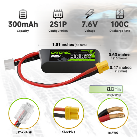 4×OVONIC 2S Lipo Battery 300mAh 2S1P 100C 7.6V LiHV LiPo Battery with XT30 Plug for Tinywhoop 60mm-130mm Brushless FPV Drone