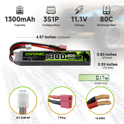 2 x OVONIC 1300mAh 3S 80C LiPo Batteries with Dean(T) Plug Nunchuck 2X for Airsoft Guns