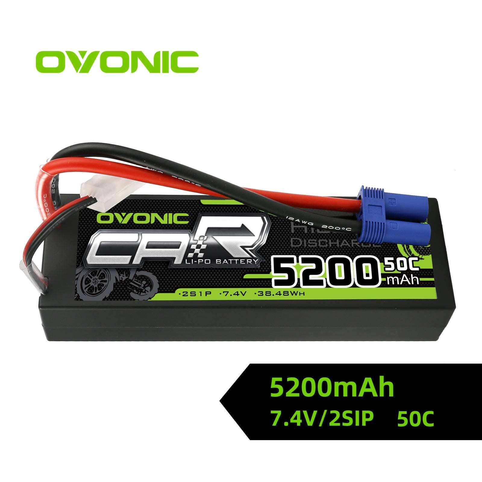 Ovonic 2S 5200mAh 50C 7.4V Hardcase LiPo Battery with EC5 Plug for 1/10 ARRMA Car - Ampow