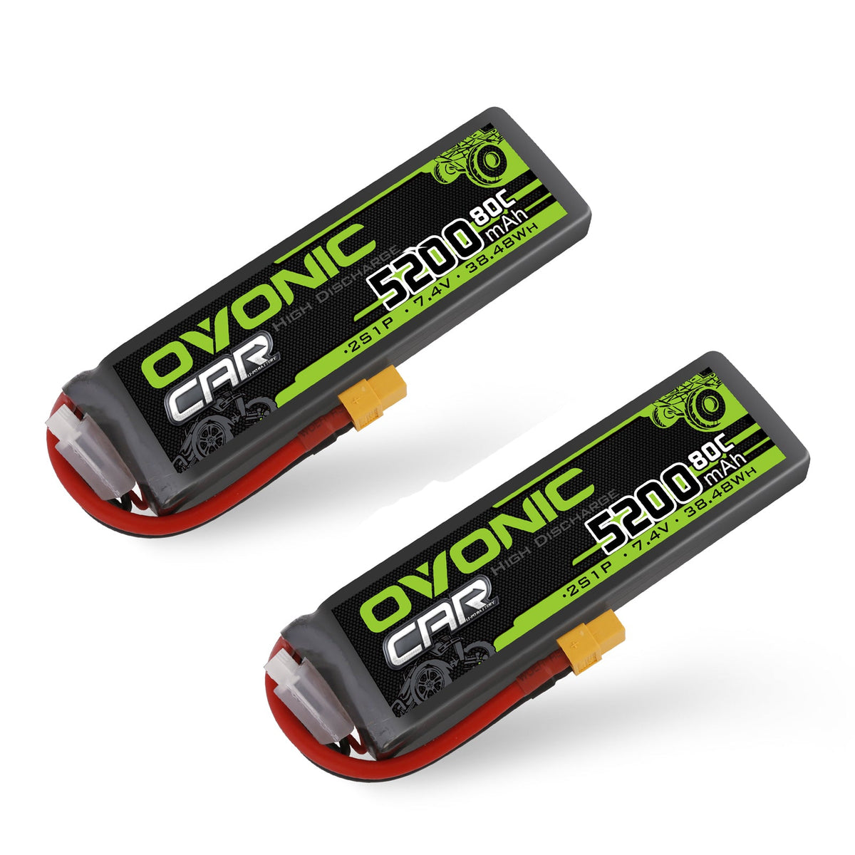 2 × OVONIC 2S Lipo Battery 5200mAh 80C 7.4V RC Lipo Battery HardCase with XT60 Plug for 1/8 1/10 RC Vehicles Car Slash RC Buggy Truggy RC Airplane