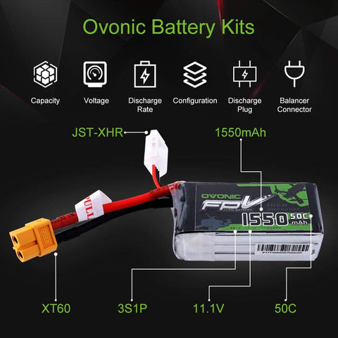 OVONIC 3S LiPo Battery Pack 1550mAh 50C 11.1V with XT60 Plug for FPV Racing Drone