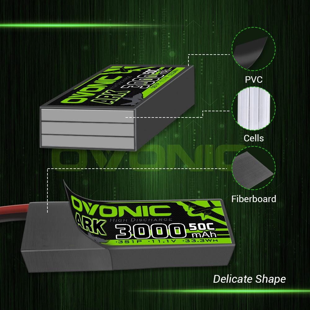 [2 Packs] OVONIC ARK 11.1V 50C 3S 3000mAh Lipo Battery with T Plug for Aircraft - Ampow