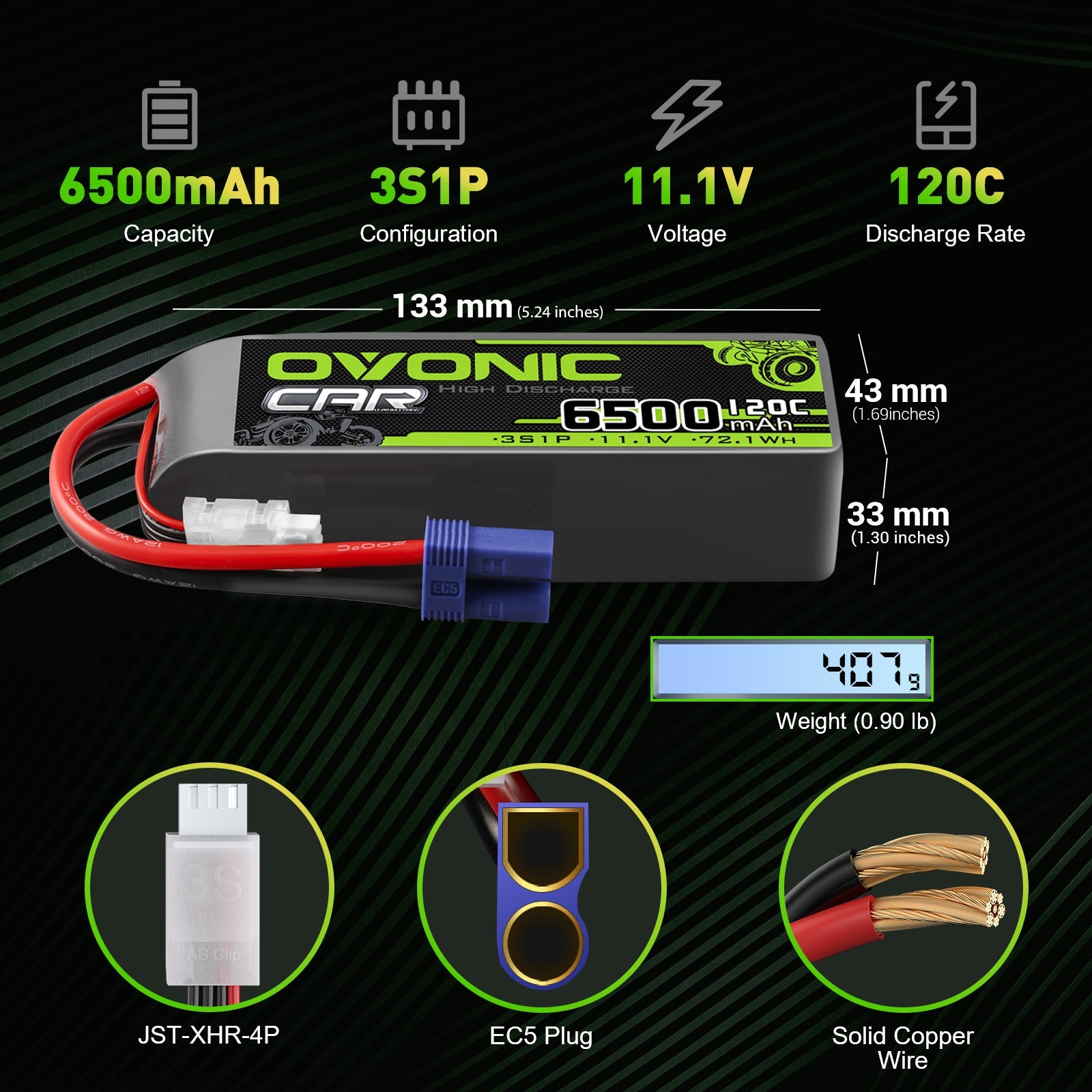 Ovonic 120C 3S 6500mAh 11.1V Hardcase LiPo Battery with EC5 Plug