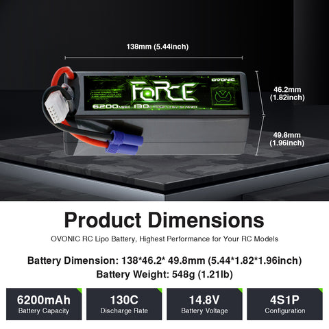 2-Pack Ovonic Force 4S 6200mAh 130C 14.8V Hardcase LiPo Battery w/EC5 Plug for High Discharge 1/8 1/10 RC Car & Truck
