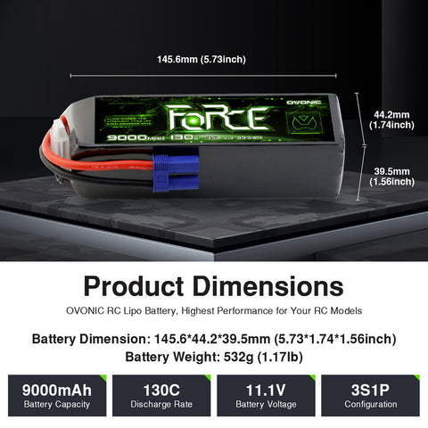 2-Pack Ovonic Force 3S 9000mAh 130C 11.1V LiPo Battery w/EC5 Plug for 1/8 RC Monster Truck, Truggy & Long Runtime Bashers