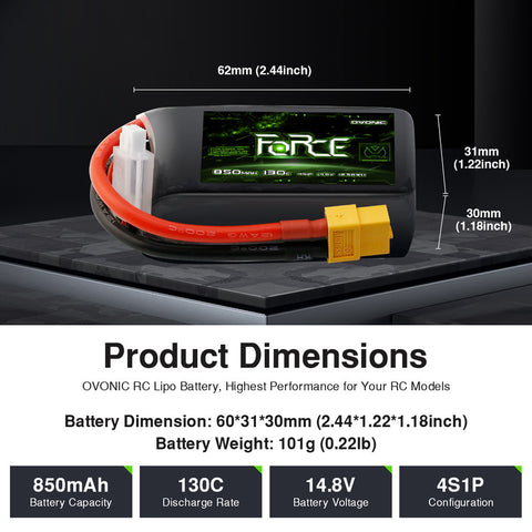 4-Pack Ovonic Force 4S 850mAh 130C 14.8V High C-Rate LiPo Battery w/XT30 Plug for FPV Quad, Freestyle Drone & Micro Jet