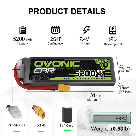 2 × OVONIC 2S Lipo Battery 5200mAh 80C 7.4V RC Lipo Battery HardCase with XT60 Plug for 1/8 1/10 RC Vehicles Car Slash RC Buggy Truggy RC Airplane