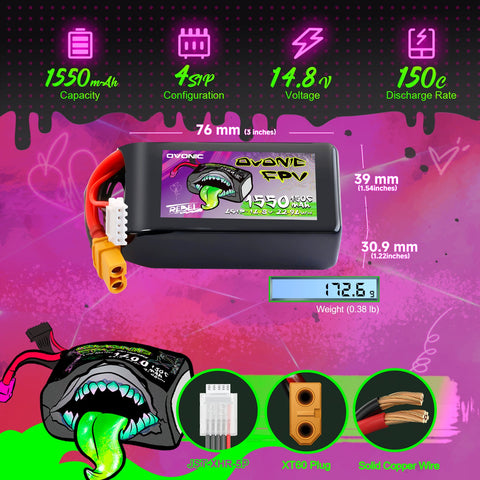 2-Pack Ovonic Rebel 4S 1550mAh 150C 14.8V LiPo Battery w/XT60 Plug