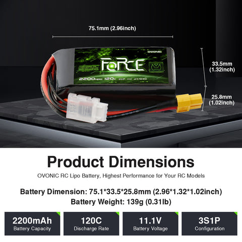 2-Pack Ovonic Force 3S 2200mAh 120C 11.1V Short LiPo Battery w/XT60 Plug for 1/10 Race Buggy & On-Road Car (Voltage Checker Included)