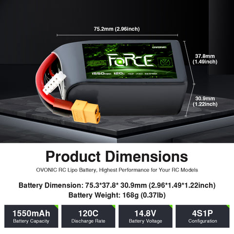 Ovonic Force High Discharge 4S 1550mAh 120C 14.8V FPV LiPo Battery Pack with XT60 Plug for 5-inch Racing/Freestyle Quad, 220mm-250mm Drones