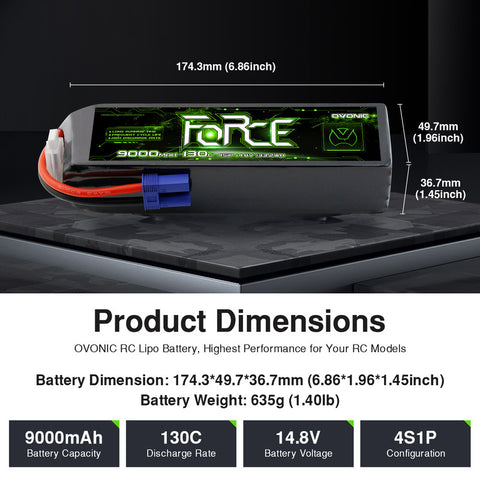 2-Pack Ovonic Force 4S 9000mAh 130C 14.8V LiPo Battery w/EC5 Plug for 1/8 RC Car, Monster Truck & Truggy