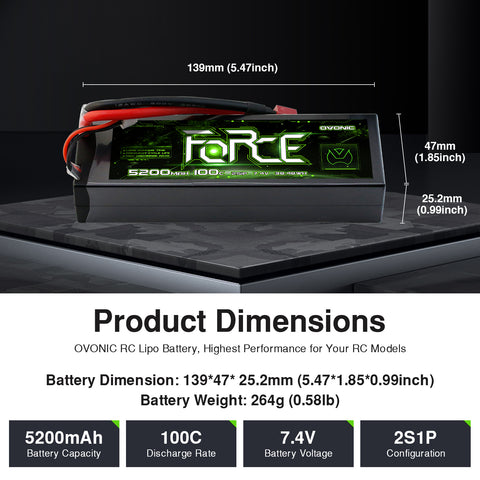 Ovonic Force 2S 5200mAh 100C 7.4V Hardcase LiPo w/ Deans Plug & Checker for 1/10 Short Course Truck & Race Buggy