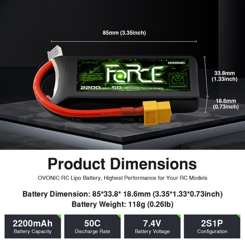 Ovonic Force 2S 2200mAh 50C 7.4V LiPo Battery w/XT60 to TRA Plug for 1/16 RC Truck, Crawler & Scale Model