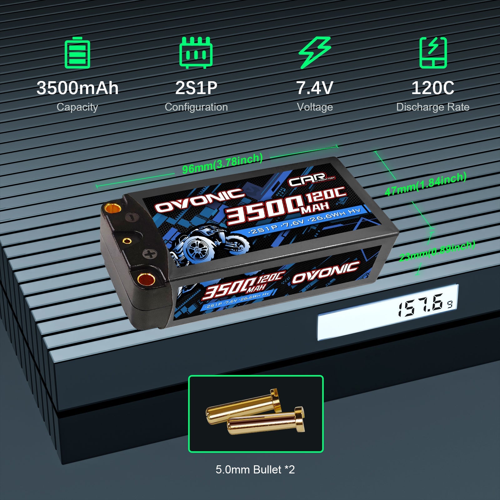2Pack Ovonic 7.4V 7600mAh 2S2P LiPo Battery Ultra High Capacity with XT60 to TRA Plug for Rustler, Stampede & Arrma