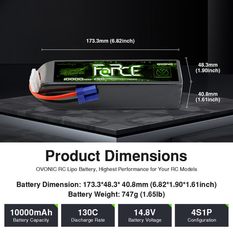 2-Pack Ovonic Force 4S 10000mAh 130C 14.8V LiPo Battery w/EC5 Plug for 1/8 Monster Truck, Truggy & Large Boat
