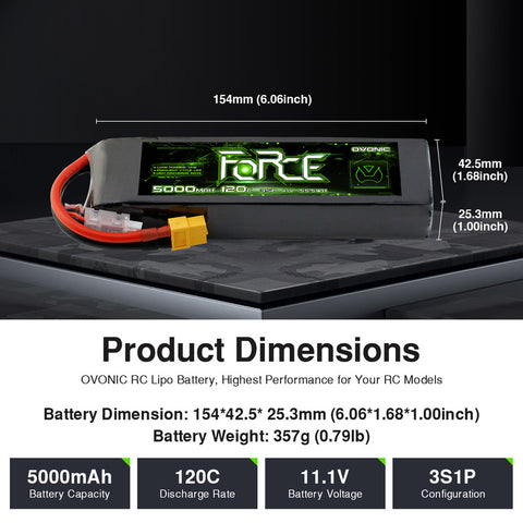 2-Pack Ovonic Force 3S 5000mAh 120C 11.1V LiPo Battery w/ XT60 to TRA Adapter for 1/10 RC Bashers, .50 Class Plane & 550 Heli