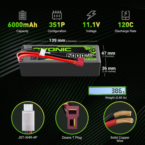 2 × OVONIC 3S Lipo Battery 6000mAh 120C 11.1V RC Lipo Battery with Deans T Plug for RC Vehicles Car RC Truck