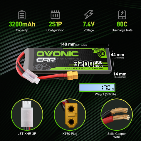 2 × OVONIC 2S 80C 7.4V 3200mAh LiPo Battery Pack With XT60+TRA Plug for RC Car Truck Boat