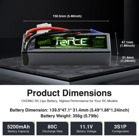 2-Pack Ovonic Force 3S 5200mAh 80C 11.1V Hardcase LiPo Battery w/EC5 Plug for 1/10 RC Car, Buggy & Bashers