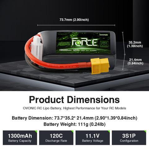 2-Pack Ovonic Force 3S 1300mAh 120C 11.1V LiPo Battery w/XT60 Plug for 5" FPV Drone, Glider & RC Helicopter