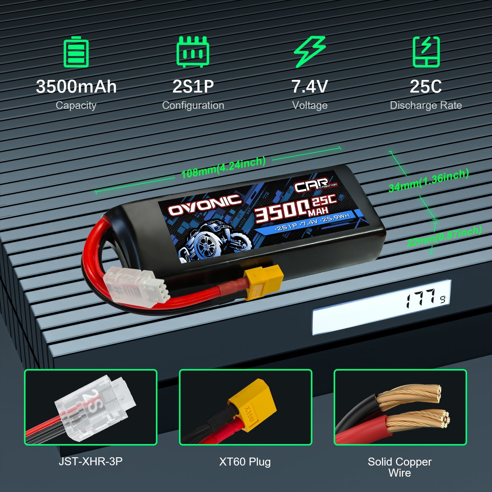 2-Pack Ovonic 7.4V 3500mAh 2S LiPo Battery | Lightweight 2S1P with XT60 to TRA Plug for LaTrax, 1/12 Scale & 1/10 Buggy