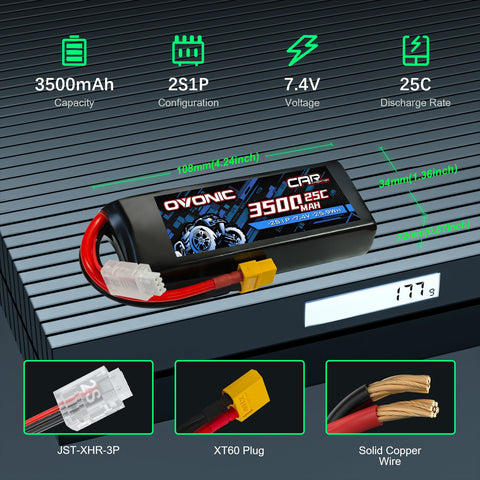 2-Pack Ovonic 7.4V 3500mAh 2S LiPo Battery | Lightweight 2S1P with XT60 to TRA Plug for LaTrax, 1/12 Scale & 1/10 Buggy