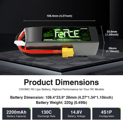 2-Pack Ovonic Force 4S 2200mAh 130C 14.8V LiPo Battery w/XT60 Plug for 1/10 Scale Buggy/Truck & 5-inch FPV Quad