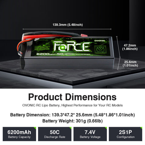 2-Pack Ovonic Force 2S 6200mAh 50C 7.4V Hardcase LiPo Battery w/Deans Plug for 1/10 1/8 RC Car, Boat & Truck