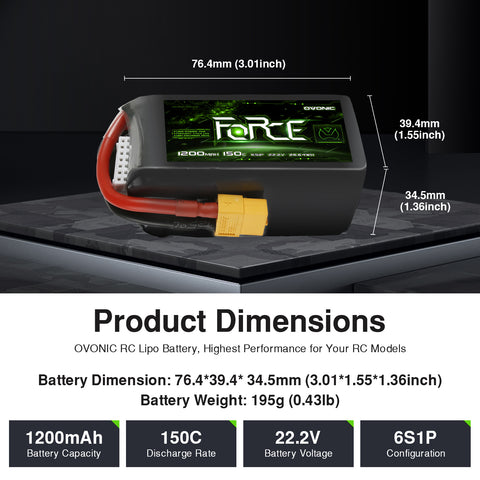 Ovonic Force Extreme 6S 1200mAh 150C 22.2V LiPo Battery Pack w/ XT60 Plug for Pro FPV Racing, High-Speed Freestyle Drone