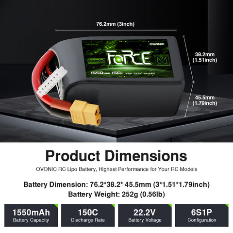 Ovonic Force 6S 1550mAh 150C 22.2V LiPo Battery w/ XT60 Plug for Aggressive FPV Freestyle & 7-inch Mid-Range Quad