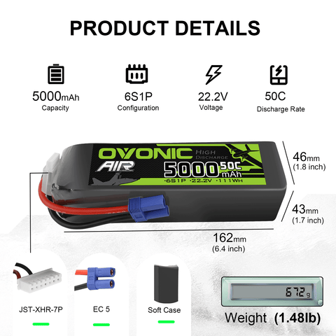 Ovonic 5000mah 6S 22.2V 50C Lipo Battery Pack with EC5 Plug for Airplane&Heli 1/10 SENTON 6S