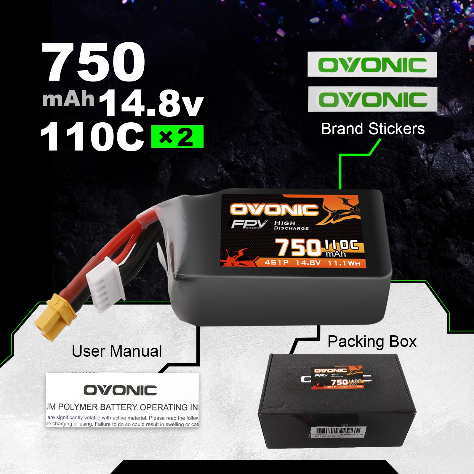 2x Ovonic 110C 4S 750mah Lipo Battery 14.8V Pack with XT30 Plug for FPV Racing FPV Ampow