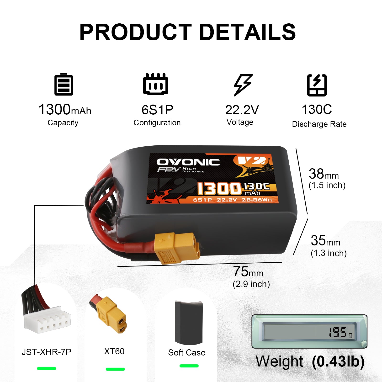 2x Ovonic 130C 6S 1300mah Lipo Battery 22.2V Pack with XT60 Plug for FPV Racing FPV Ampow