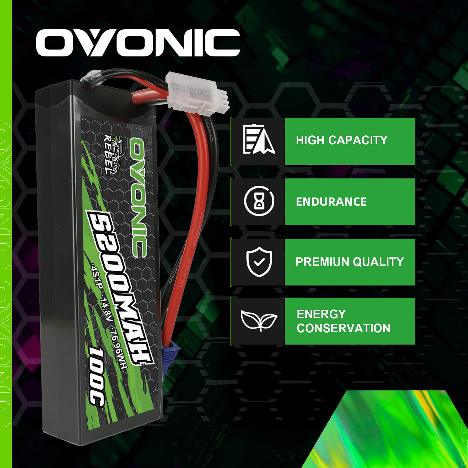 2×Ovonic Rebel 100C 4S 5200mAh 14.8V LiPo Hardcase EC5 for Outcast Kraton 8S RC CAR Ovonic