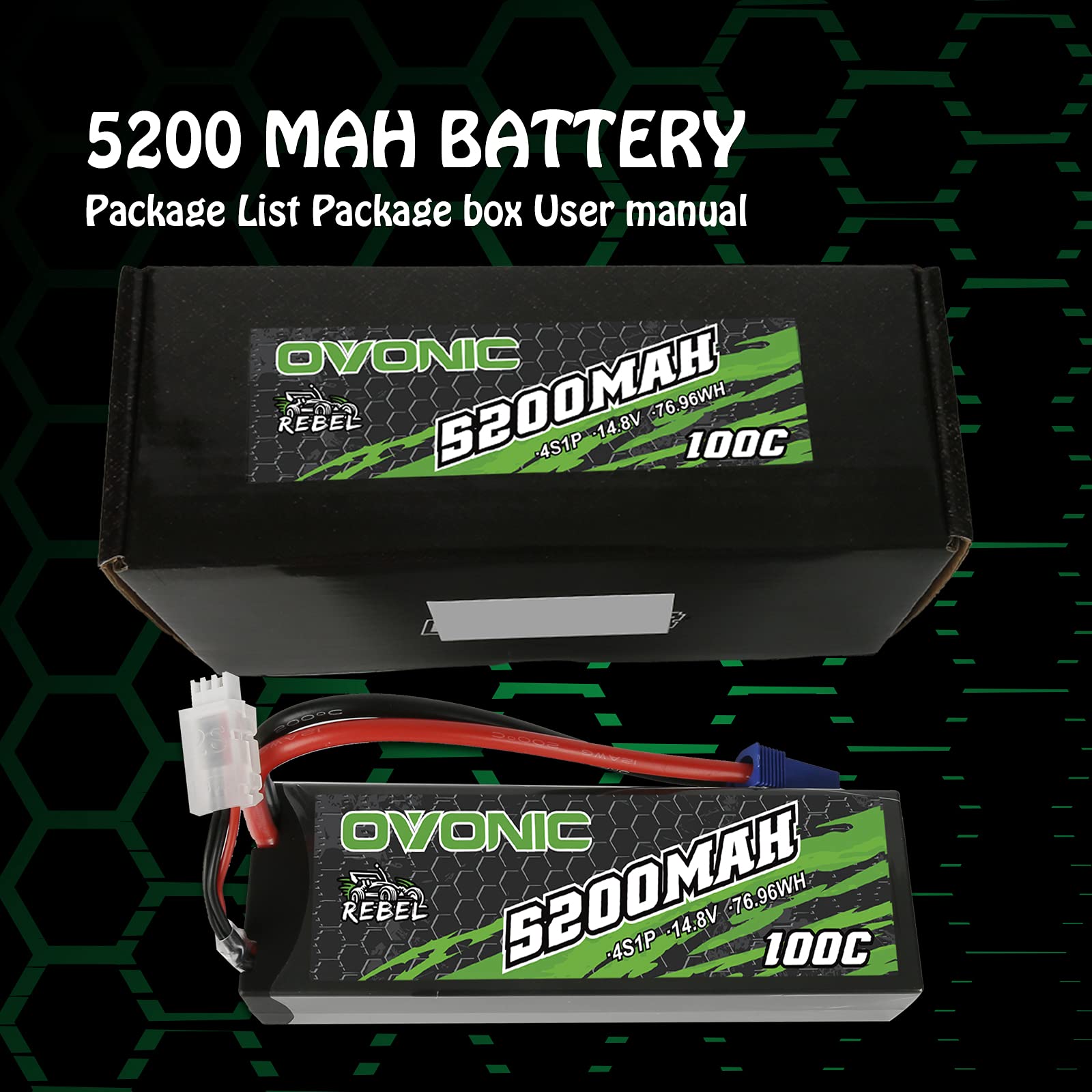 2 × Ovonic Rebel 4S Lipo Battery 5200mAh 100C 14.8V Hardcase EC5 Plug for 1/8 Buggy