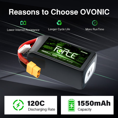 Ovonic Force High Discharge 4S 1550mAh 120C 14.8V FPV LiPo Battery Pack with XT60 Plug for 5-inch Racing/Freestyle Quad, 220mm-250mm Drones