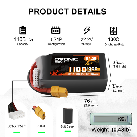 4x Ovonic 130C 6S 1100mah Lipo Battery 22.2V Pack with XT60 Plug for FPV Racing