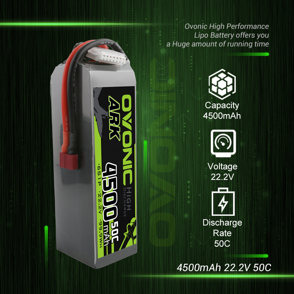 2×OVONIC ARK 6S LiPo Battery 4500mAh 50C 22.2V with Deans Plug for RC Plane