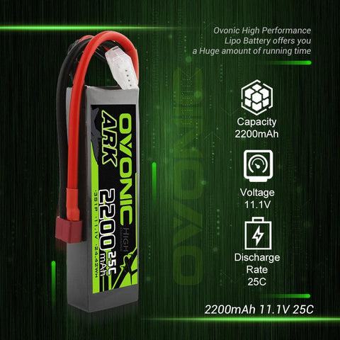 [2 Packs] OVONIC ARK series 11.1V 2200mAh 3S 25C Lipo Battery with Deans for Glider, Park flyer - Ampow