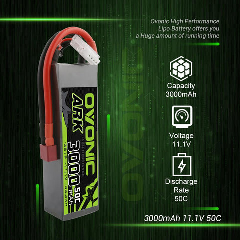 [2 Packs] OVONIC ARK 11.1V 50C 3S 3000mAh Lipo Battery with T Plug for Aircraft - Ampow