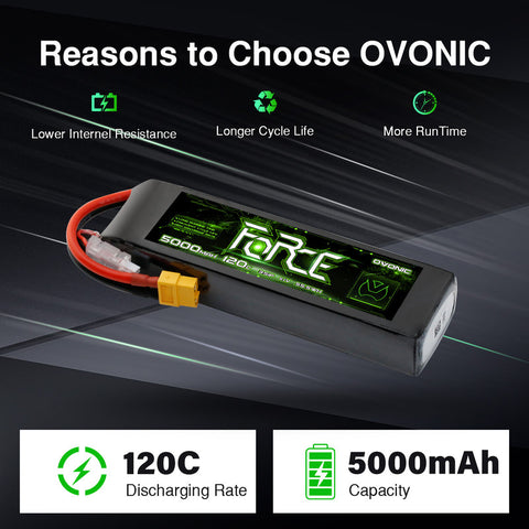 2-Pack Ovonic Force 3S 5000mAh 120C 11.1V LiPo Battery w/ XT60 to TRA Adapter for 1/10 RC Bashers, .50 Class Plane & 550 Heli