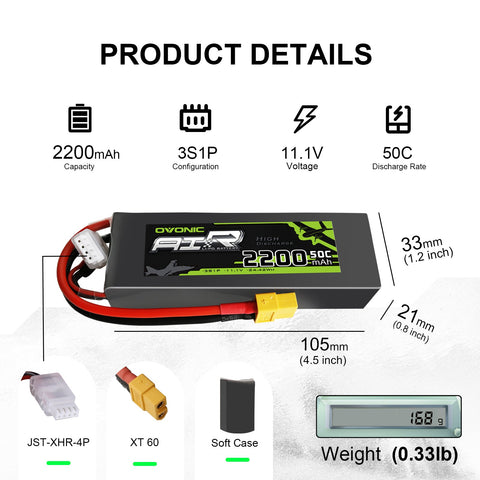 2×Ovonic 3S LiPo Battery 2200mAh 50C 11.1V with XT60 Plug for 1100mm-1500mm RC Plane