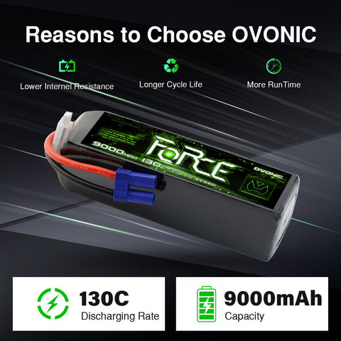 2-Pack Ovonic Force 3S 9000mAh 130C 11.1V LiPo Battery w/EC5 Plug for 1/8 RC Monster Truck, Truggy & Long Runtime Bashers