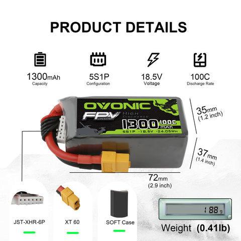 OVONIC 5S LiPo Battery Pack 1300mAh 100C 18.5V with XT60 Plug for FPV Racing Drone Quadcopter Drone Mini FPV Drone