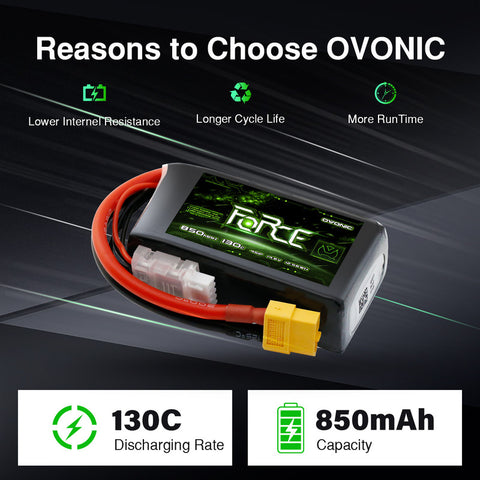 4-Pack Ovonic Force 4S 850mAh 130C 14.8V High C-Rate LiPo Battery w/XT30 Plug for FPV Quad, Freestyle Drone & Micro Jet